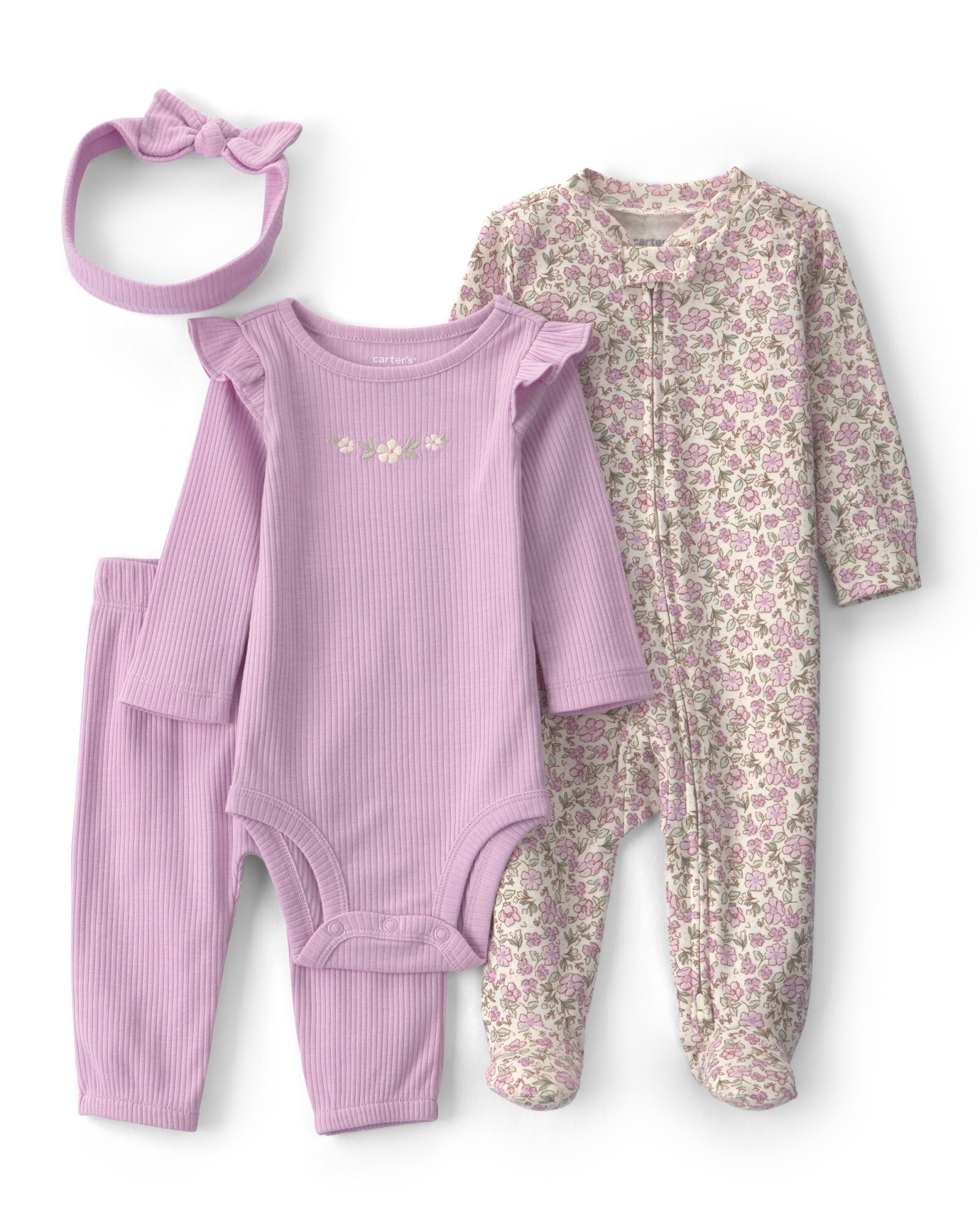 Set cuatro piezas de algodón, pijama, pantalón, body y vincha, lila, diseño floral Sin color