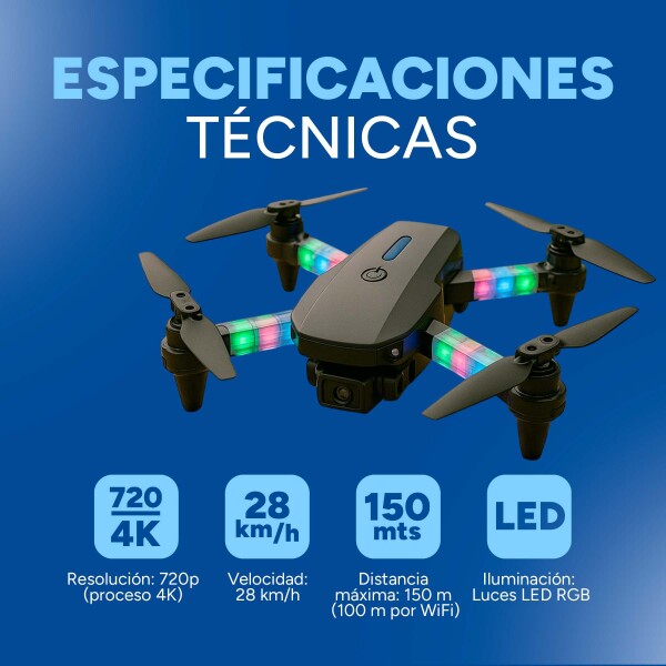 Drone E88D Plegable Pro Cámara 4K Luces RGB 3 Baterias +Accs Color Negro