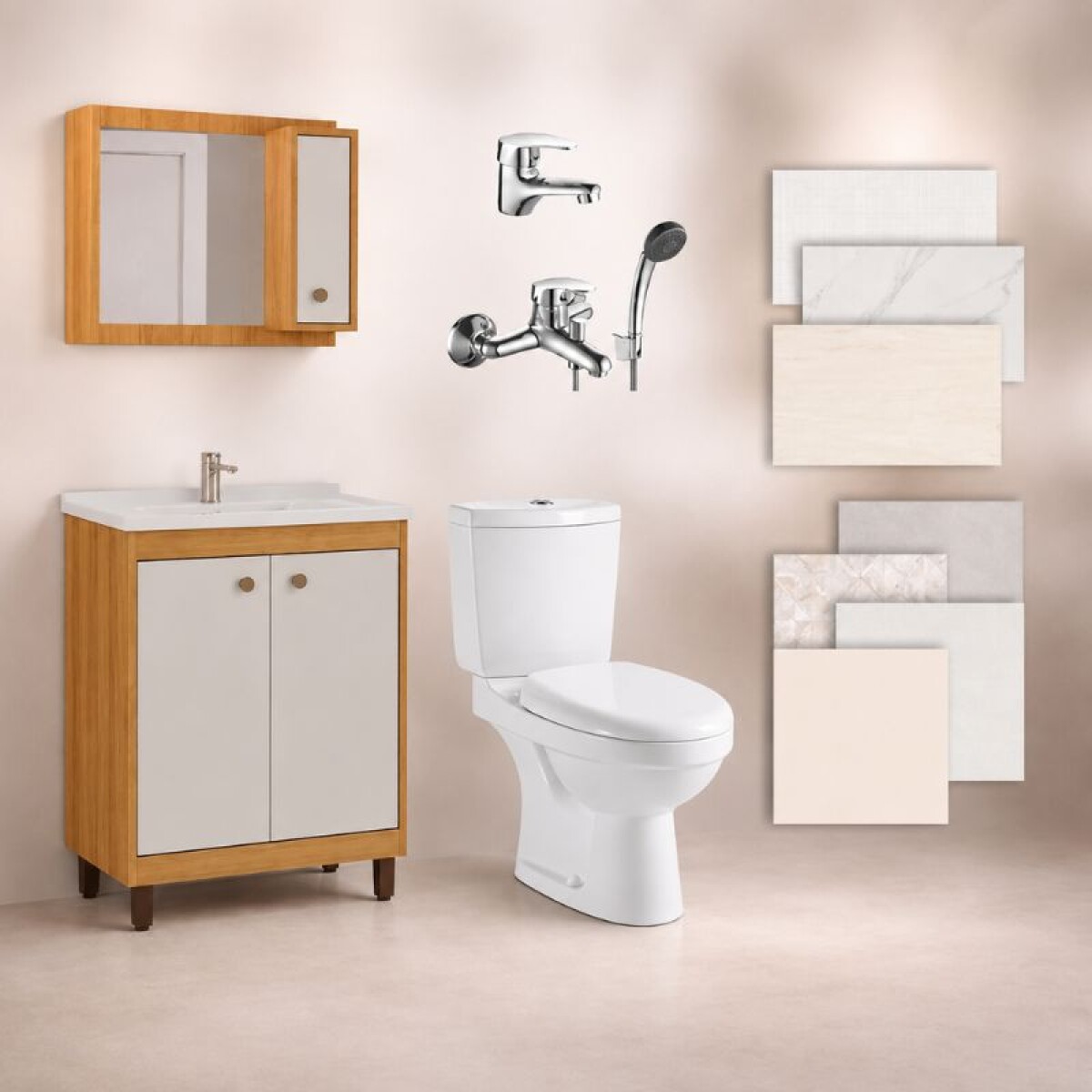 BAÑO COMPLETO N°3 INODORO CON MOCHILA + MUEBLE DE BAÑO 60 CM CON ESPEJO + GRIFERIA + CERAMICA DE PISO Y PARED 