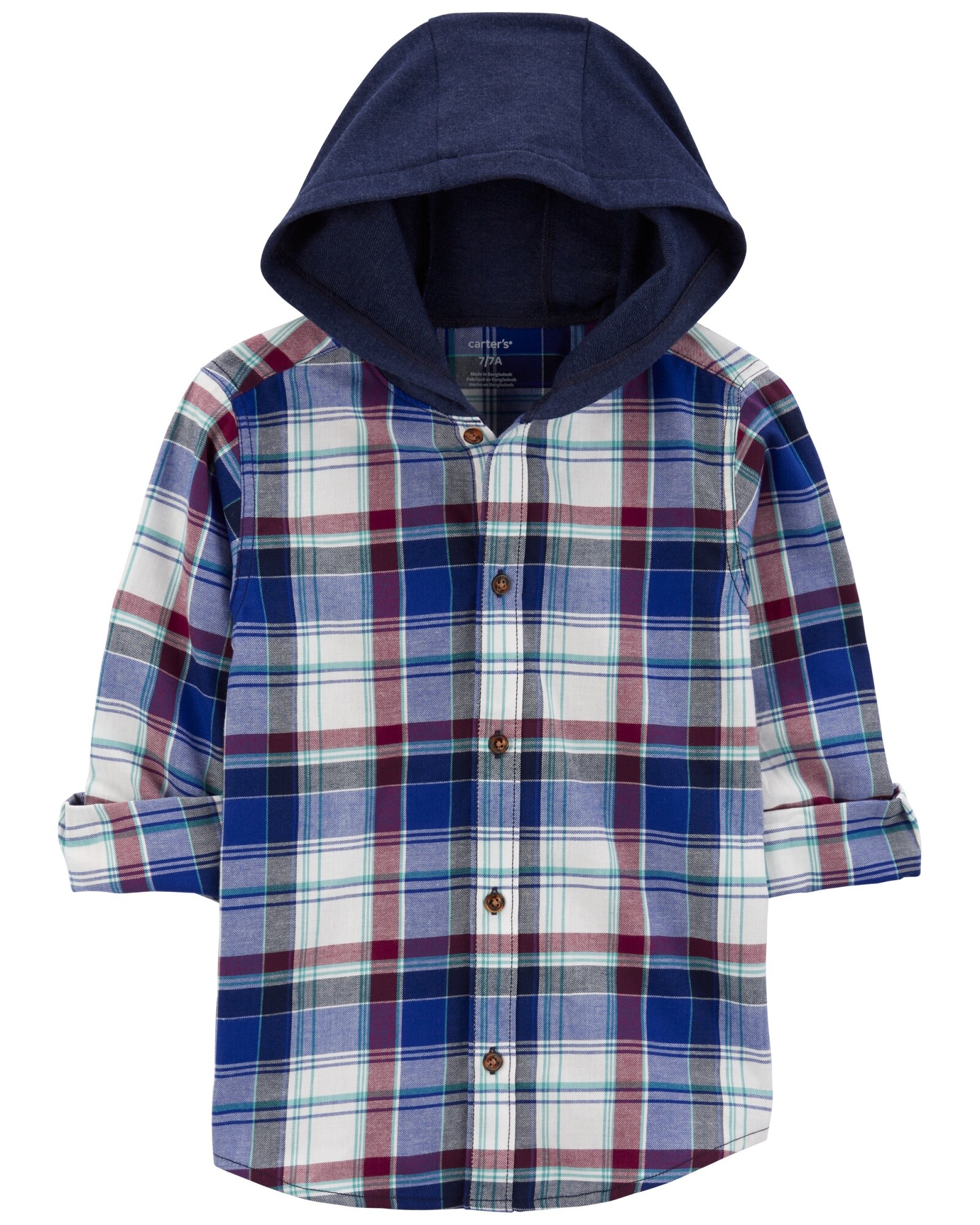 Camisa de sarga, con capucha, diseño a cuadros. Talles 6-8 Sin color
