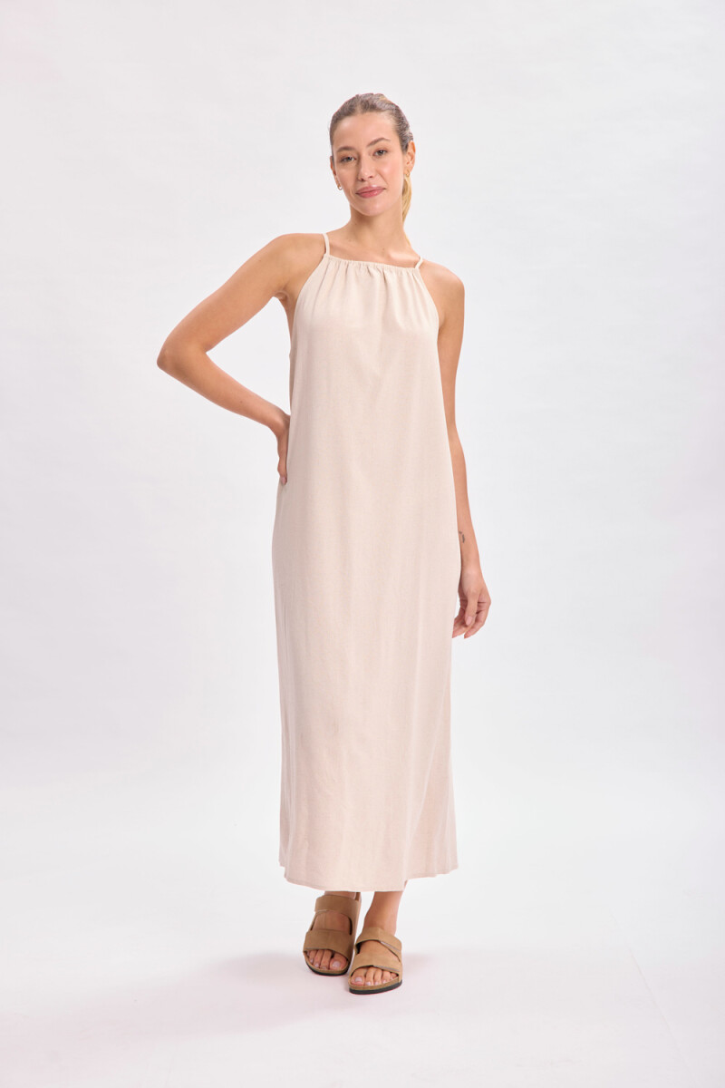 Vestido largo con lino - Beige 