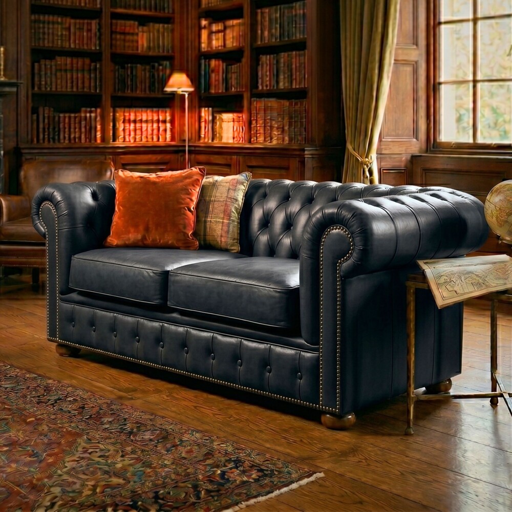 Sillón 100% Cuero - 2 Cuerpos - Chesterfield Negro