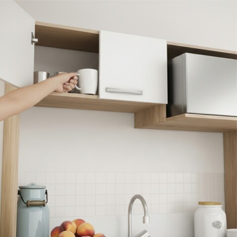 Kit de cocina compacta 4 puertas 1 cajón Patas Ajustables y Rieles Metálicos 122 x 52 x 187cm - Carvale / Blanco Kit de cocina compacta 4 puertas 1 cajón Patas Ajustables y Rieles Metálicos 122 x 52 x 187cm - Carvale / Blanco