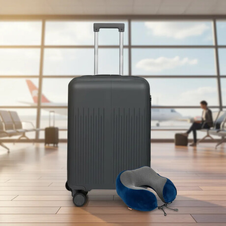 Set Valija Mediana Rígida + Almohadón Cervical Memoria Azul Gris Oscuro