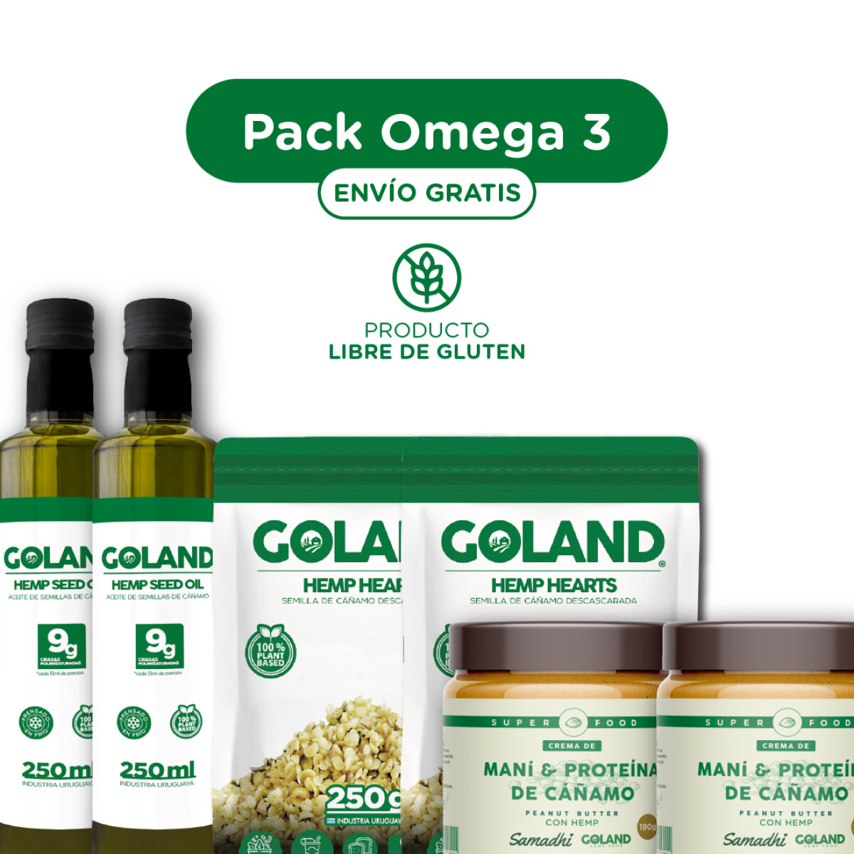 PACK OMEGA 3 | 2 Hemp Seed Oil 250ML + 2 Hemp Hearts 250G + 2 Crema de Maní 190G con Proteína con ENVÍO GRATIS 