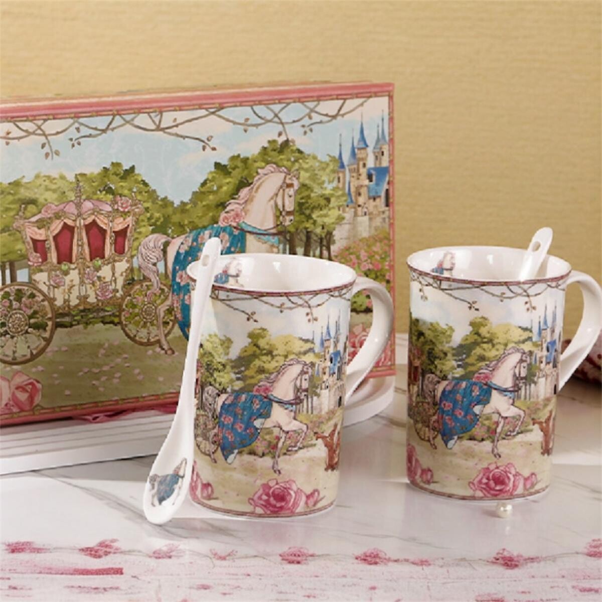 Mug de Cerámica Set x2 y Cuchara Diseño Vintage 