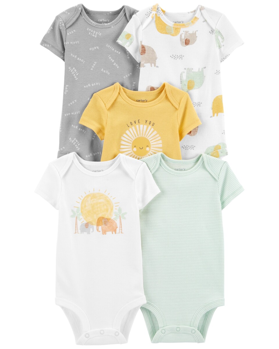 Pack cinco bodies de algodón, manga corta, estampados 