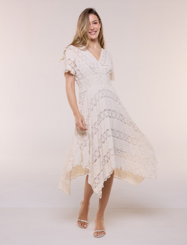 Vestido De Encaje Con Frunces BEIGE CLARO
