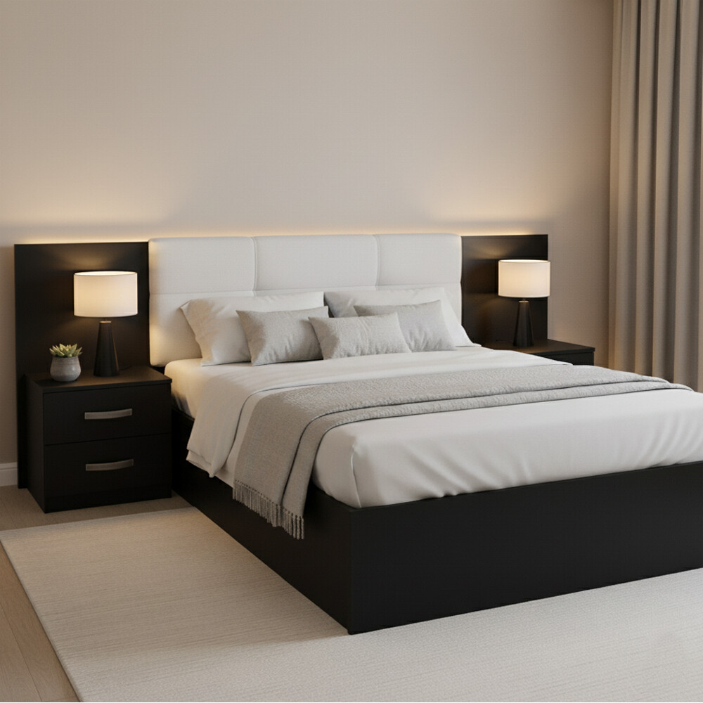 RESPALDO CABECERA CON 2 MESAS DE LUZ DE 2 CAJONES NEGRO