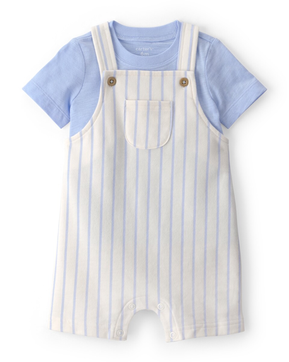 Set dos piezas de algodón, enterito corto a rayas y remera, azul 