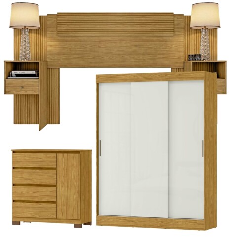 Combo de Dormitorio Ropero Sirius 3 Puertas Corredizas Respaldo Oslo con Mesas de Luz y Cómoda Vega - Marrocos Off White Combo de Dormitorio Ropero Sirius 3 Puertas Corredizas Respaldo Oslo con Mesas de Luz y Cómoda Vega - Marrocos Off White