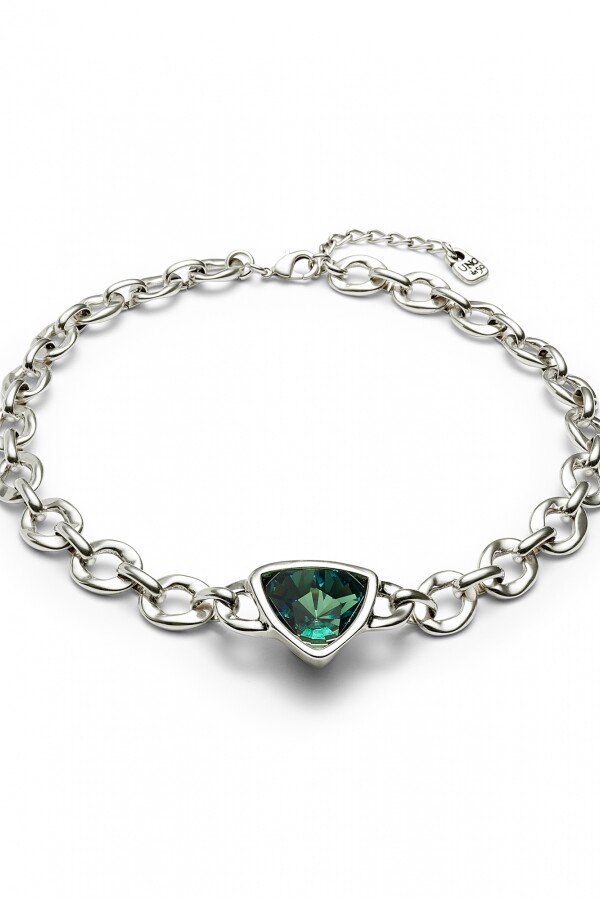 COLGANTE ESLABÓN DE ALEACIÓN DE METALES BAÑADO EN PLATA DE LEY CON UN CRISTAL FACETADO VERDE Colgante