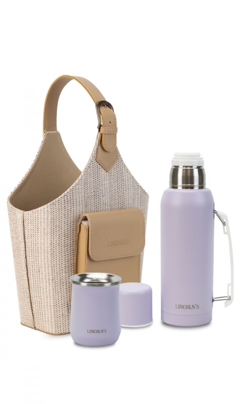 KIT MATERO RISING TEJIDO NEGRO Y CRUDO C/ LILA