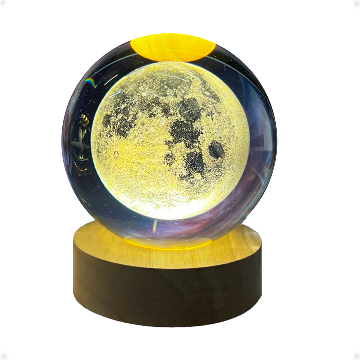 Lampara Veladora Bola de Cristal de 8 CM con Led y Base de Madera - Luna 