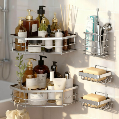 Set X5 Estante Organizador Esquinero Ducha Baño Jabonera Accesorios Con Adhesivo Imback Color Plateado Set X5 Estante Organizador Esquinero Ducha Baño Jabonera Accesorios Con Adhesivo Imback Color Plateado