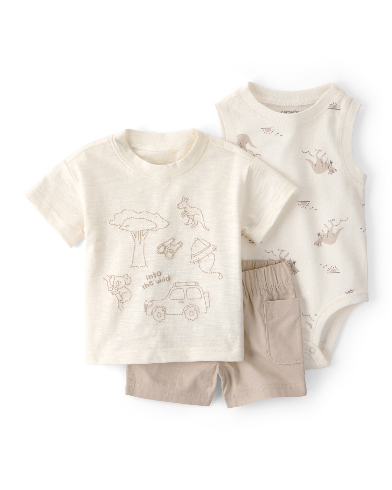 Set tres piezas de algodón, short, remera y body, beige, estampa safari Sin color