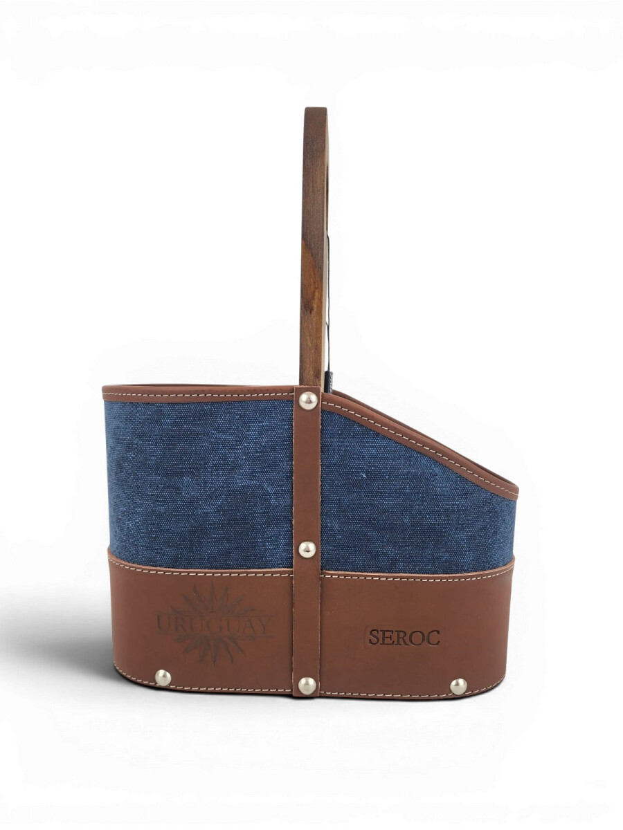 Porta termo y mate en madera y lona con porta celular y porta bombilla - azul grabado Uruguay 