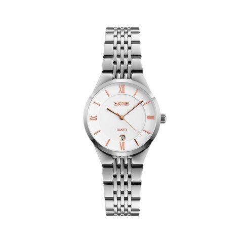 Reloj Skmei 9139WTGD-S analógico en acero plateado con esfera blanca y marcadores dorados rosé (caja delicada 31 mm) Reloj Skmei 9139wtgd-s Analógico En Acero Plateado Con Esfera Blanca Y Marcadores Dorados Rosé (caja Delicada 31 Mm)