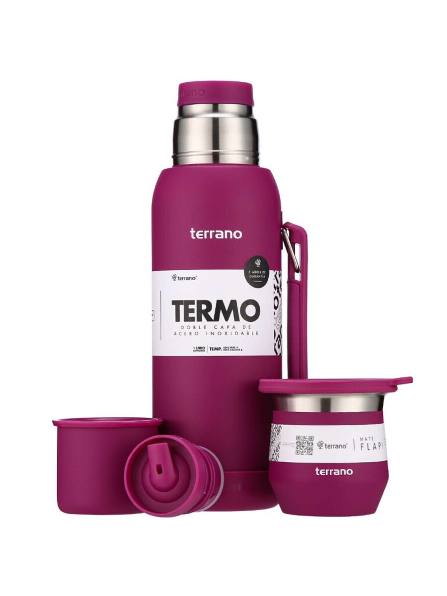 Kit Termo 1Lt Con Base De Silicona + Mate De Acero Con Tapa - Purpura 