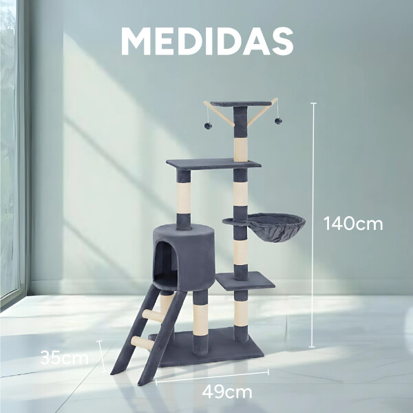 Rascador Torre 5 Niveles En Felpa Y Sisal Para Gato Juego Variante Gris Oscuro Pompom