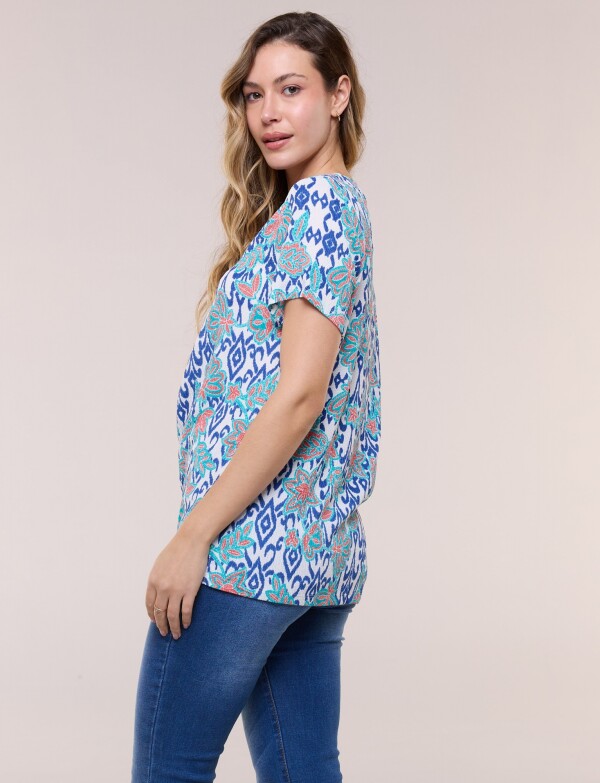 Blusa Con Escote Túnica Bordado MULTI/AZUL