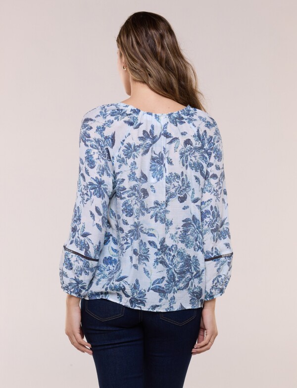 Blusa Con Detalles De Puntilla BLANCO/AZUL
