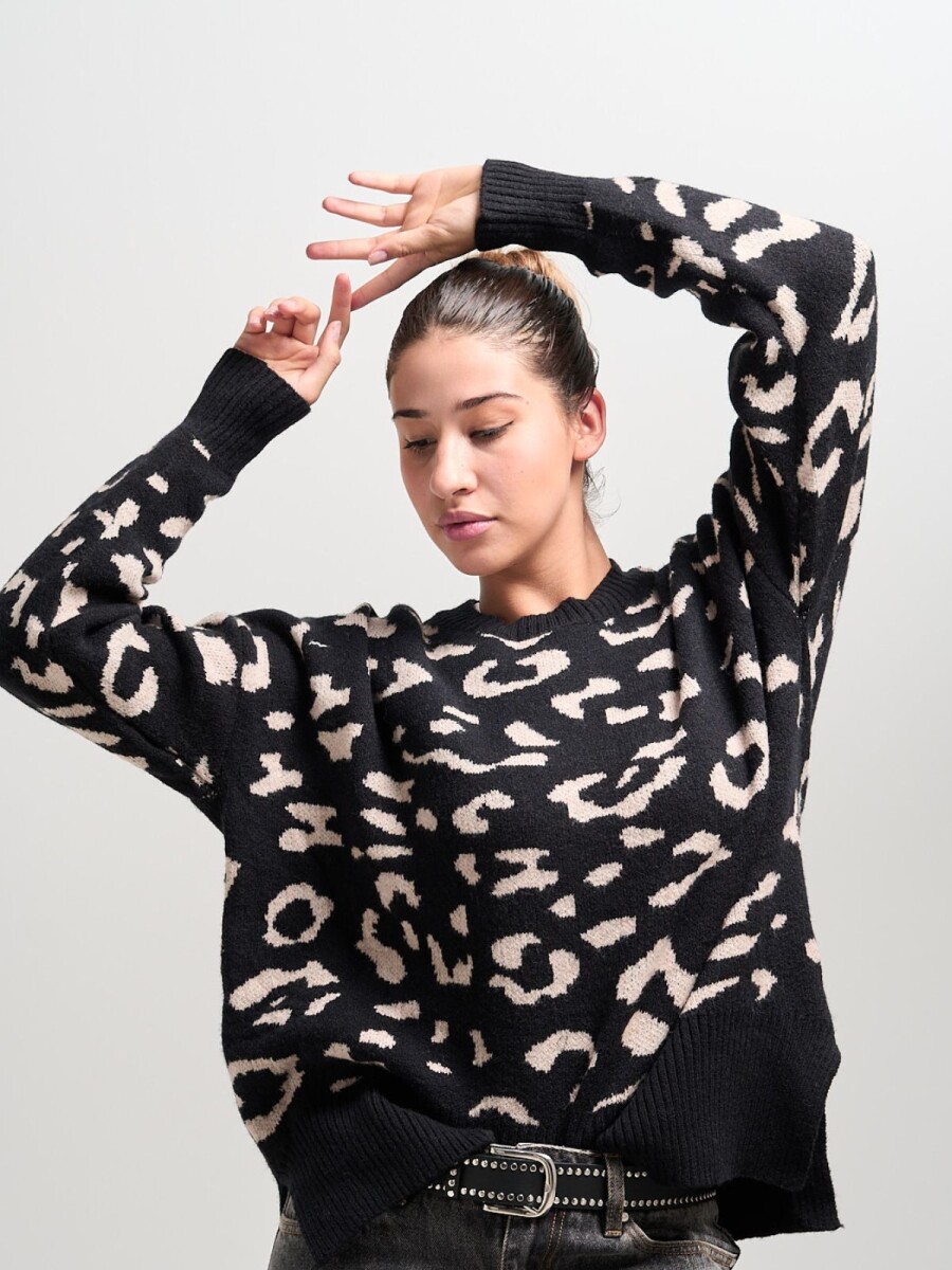 Buzo animal print tejido - Black/beige 