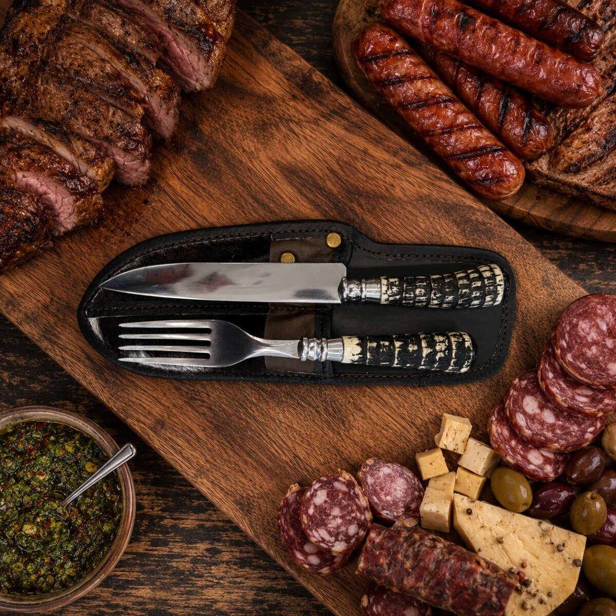 Set de Asado Artesanal - Cuchillo y Tenedor Parrillero Simil Tatu N°5 