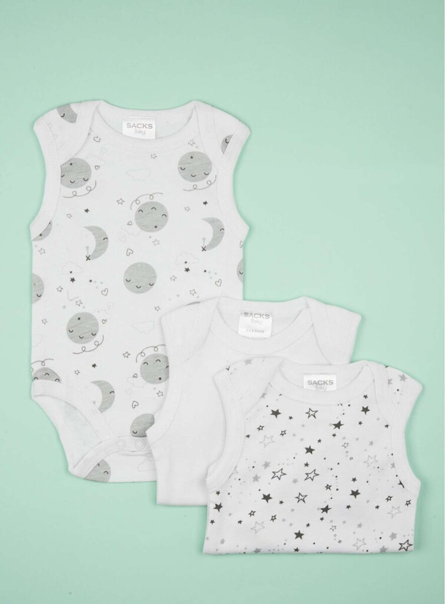 Body sin manga de algodón para bebe pack de 3 piezas estampadas y lisas. - Gris 