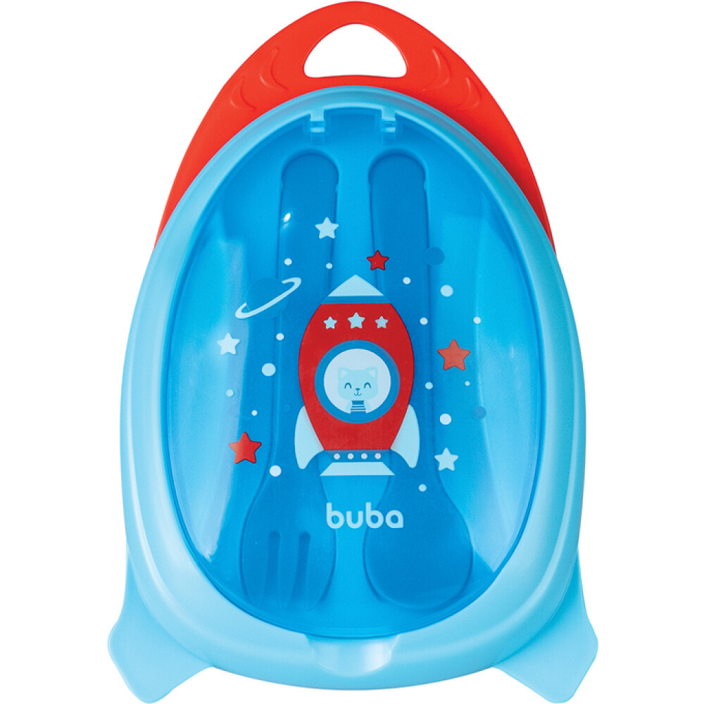 vianda tupper y cubiertos space cohete BUBA azul
