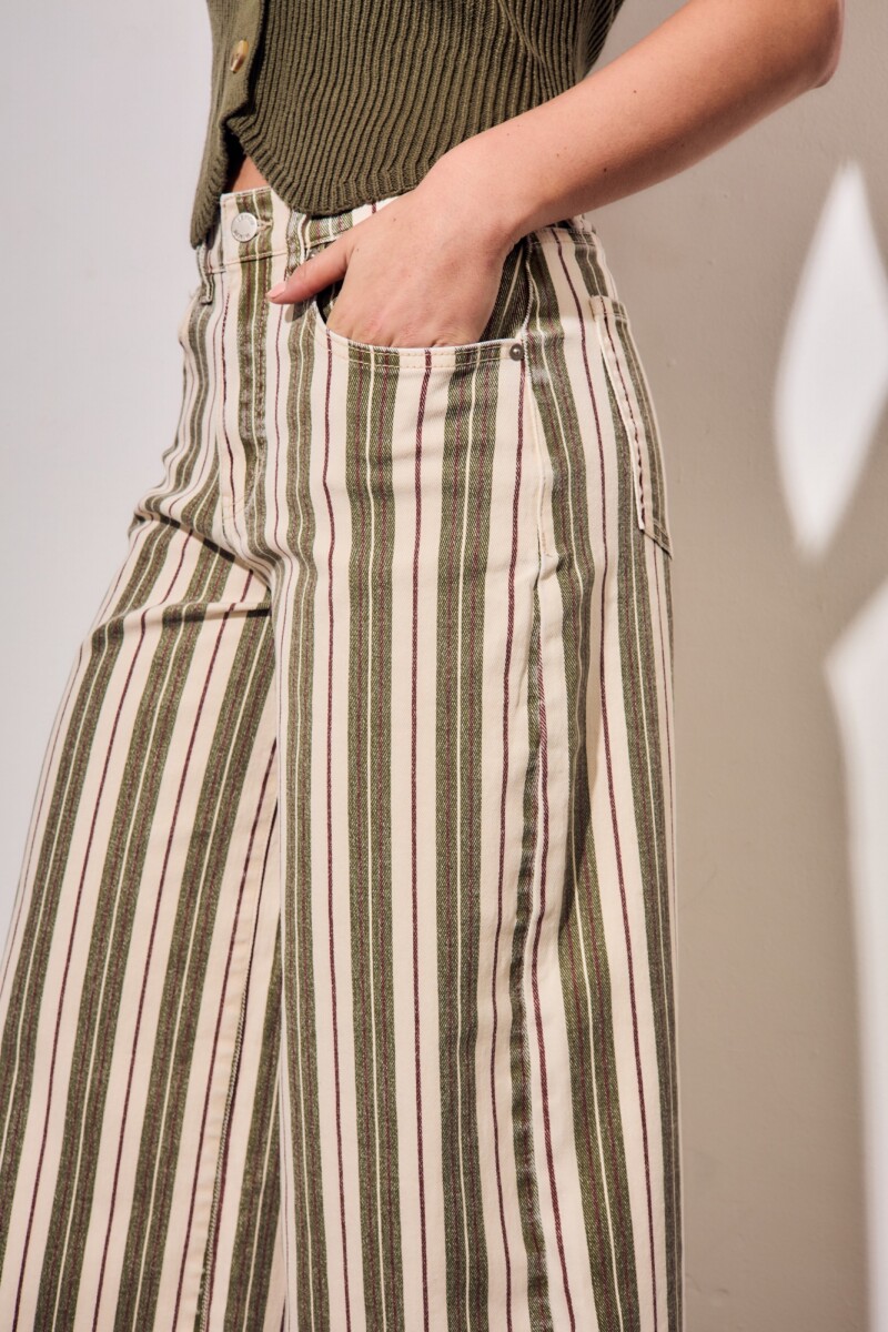 Jean Wide Leg Rayado Oliva Y Crema