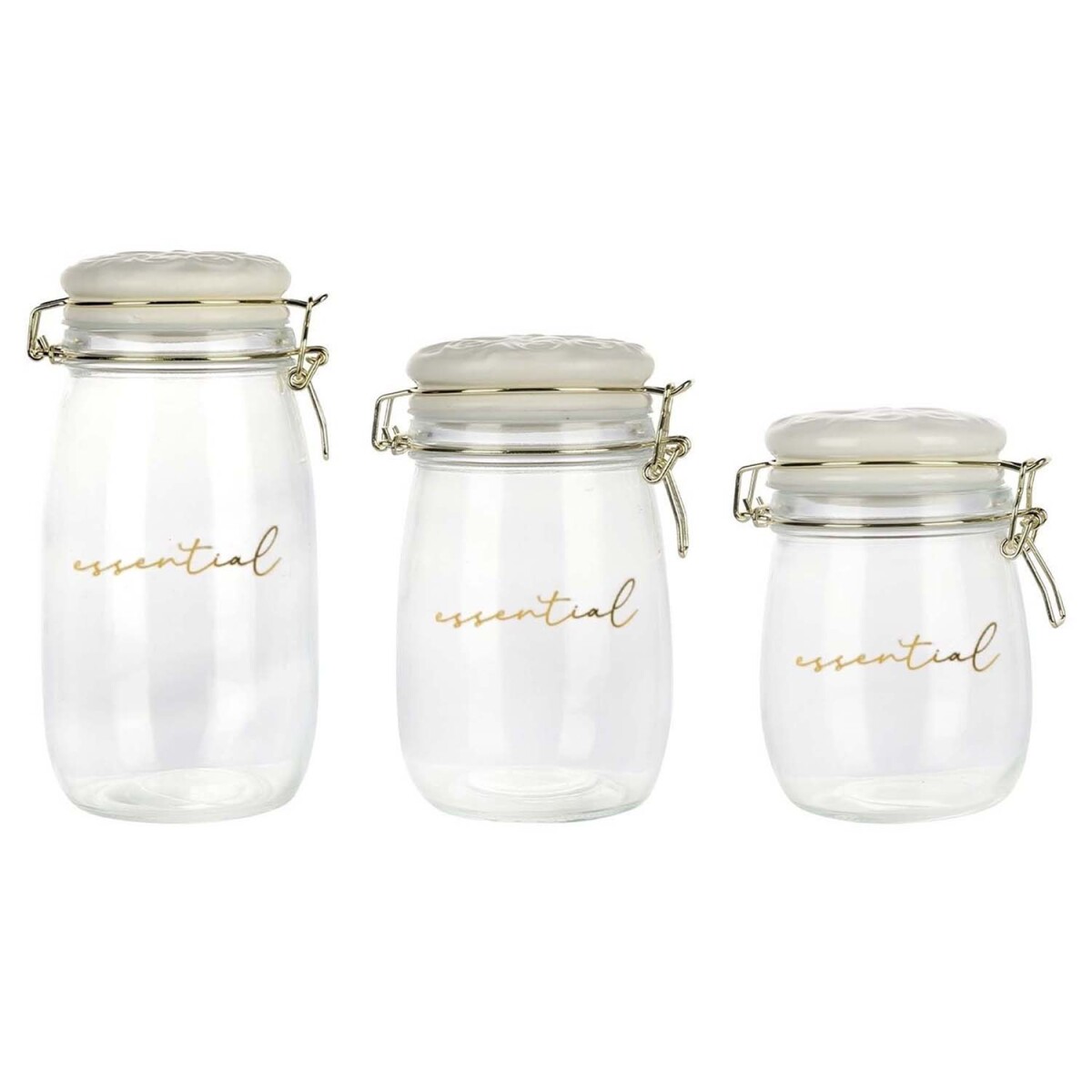 Set X3 Frascos Recipientes Essential Vidrio y Tapa Cerámica - Blanco 