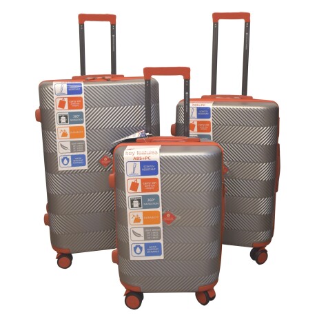Set de 3 Valijas Rígidas Ruedas 360 Candado Manija Regulable Gris Claro/rojo