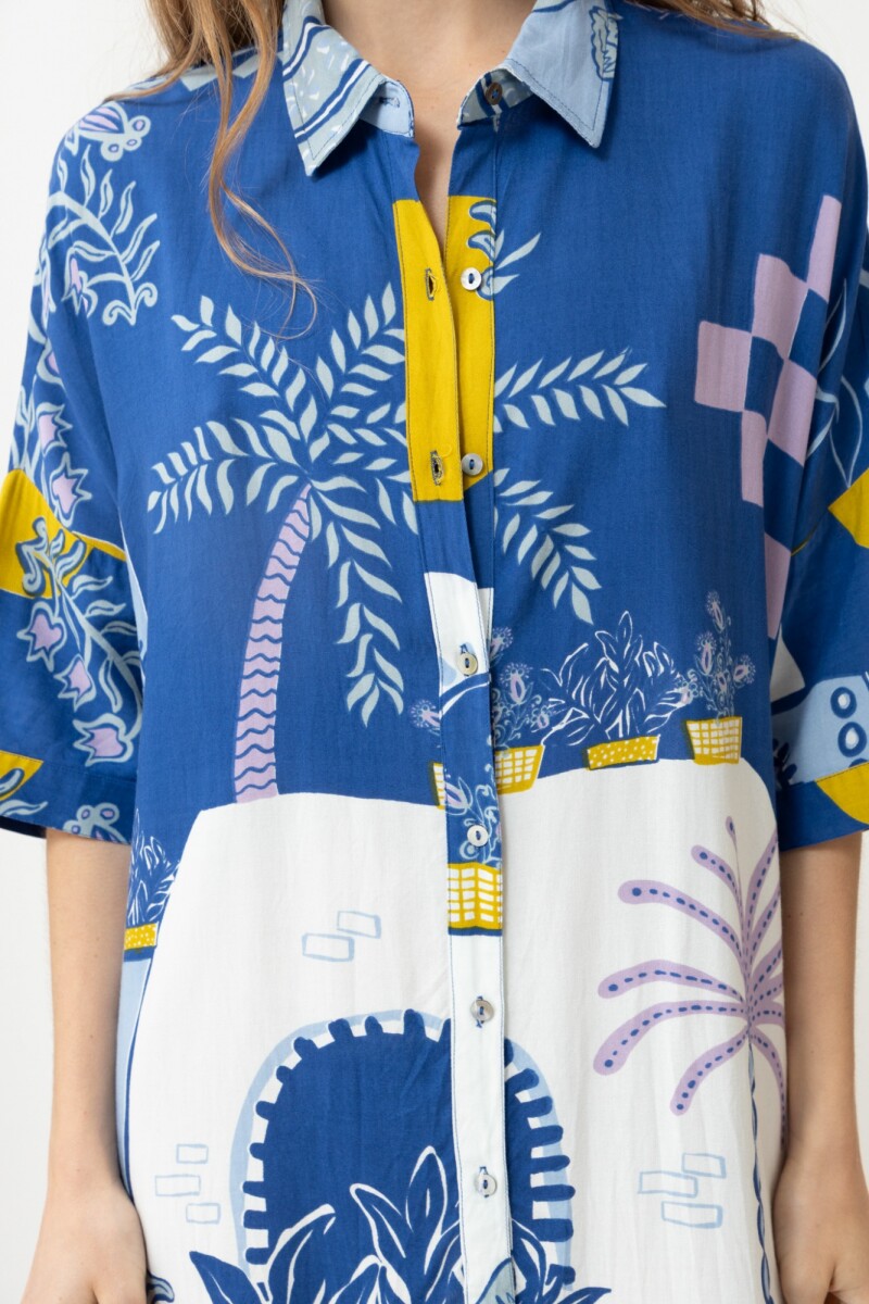 Vestido camisero con estampa paisaje Punta Ballena azul regata