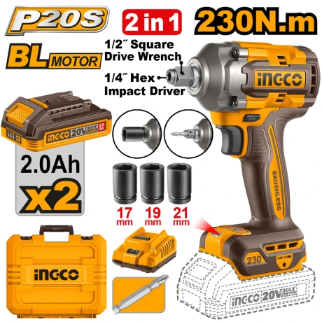 LLAVE Y ATORNILLADOR DE IMPACTO A BATERÍA INGCO 20V 230NM 001
