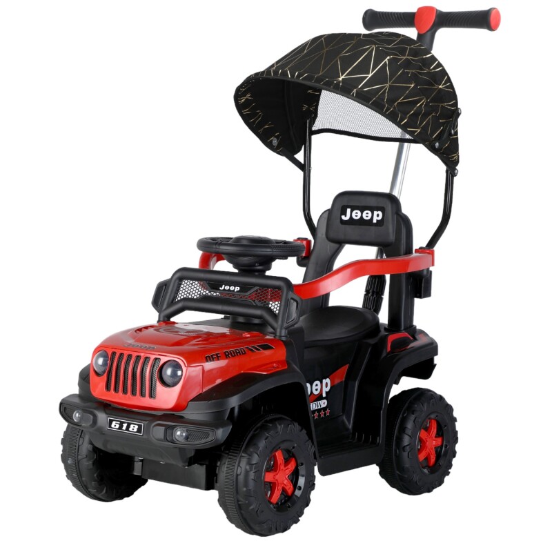Jeep a Bateria Bebesit PushCar 3 en 1 con Tirador y Capota Rojo