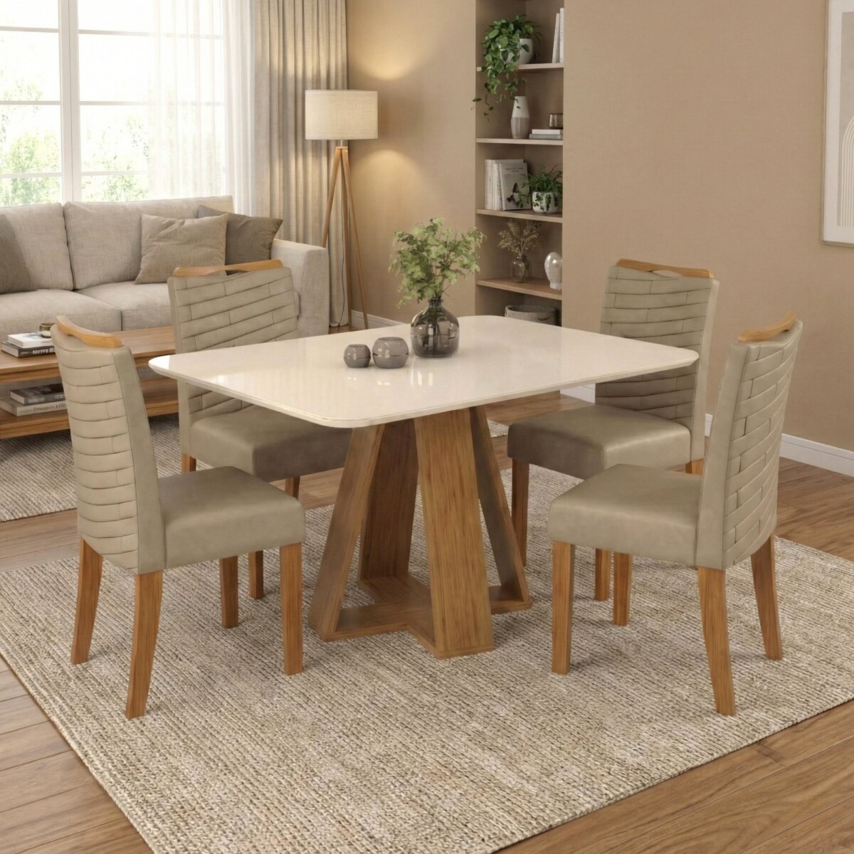 Juego De Comedor - 4 Sillas + Mesa Tapa De Vidrio - Celeste - Marrón | Beige 