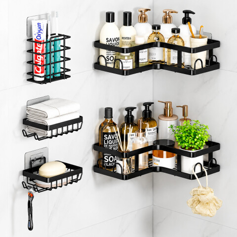 Organizador Baño Estante 5 Piezas Adhesivo Acero Inoxidable Negro 1