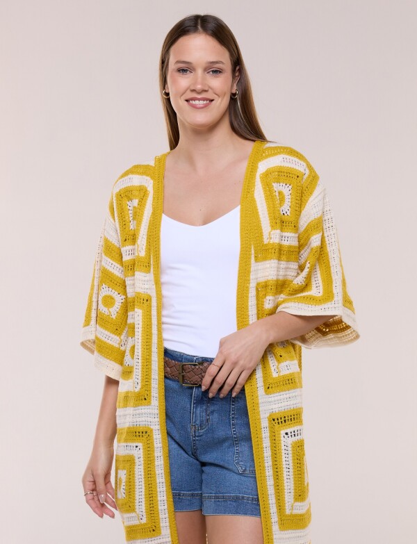 Cardigan Largo Crochet Mangas Kimono MOSTAZA