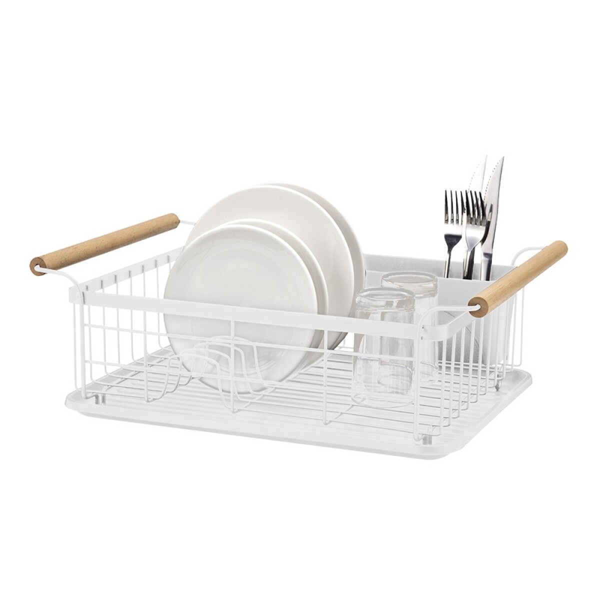 Escurridor Vajilla Metal c/ Asas Madera Bandeja y Cubiertero - Blanco 