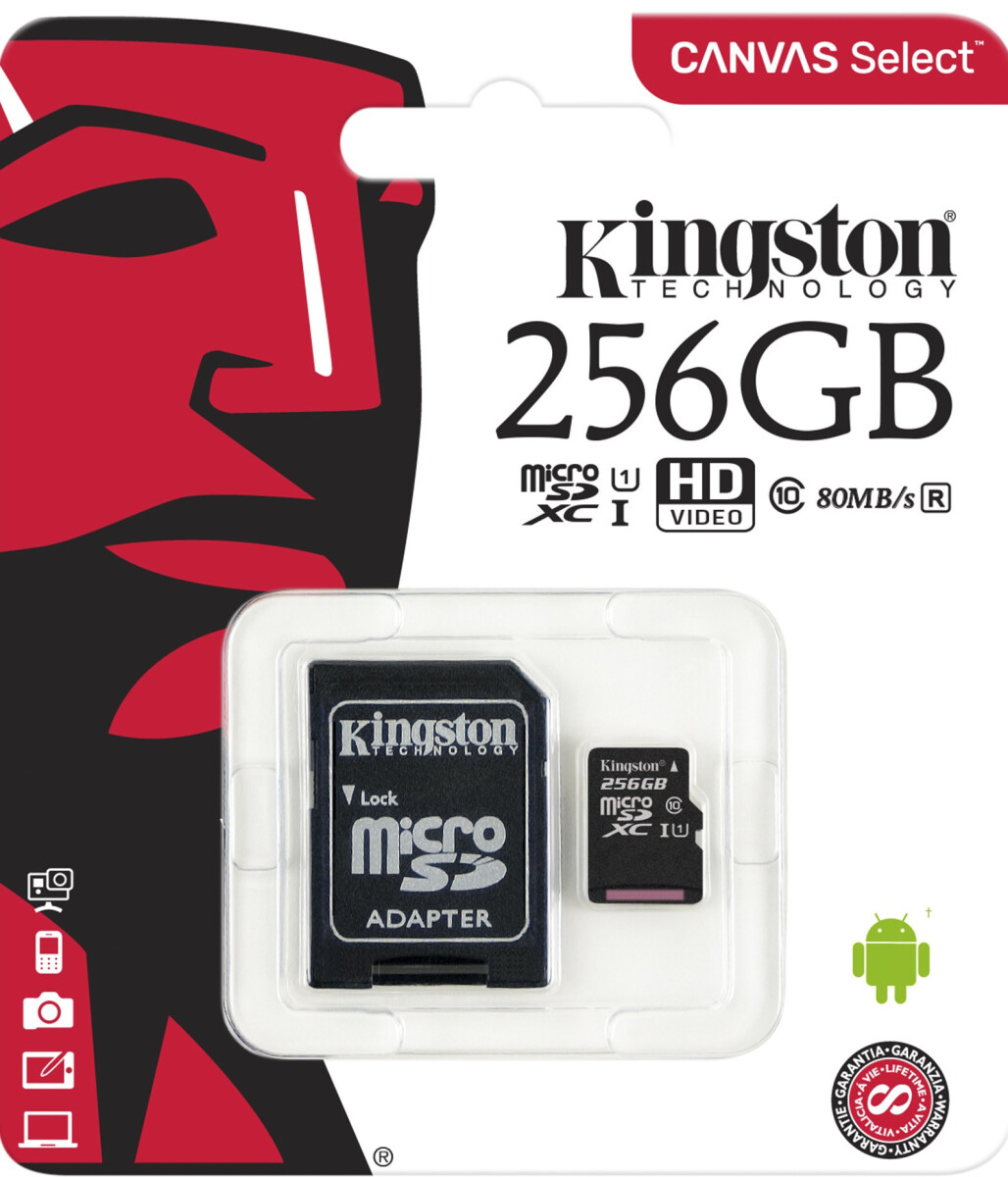 Tarjeta de Memoria MicroSD Clase 10 Canvas Select con Adaptador SD de 256GB Kingston 