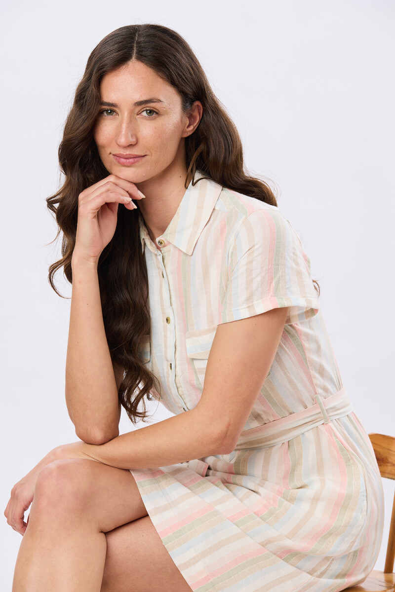 VESTIDO RAYADO DE LINO - Rosa 