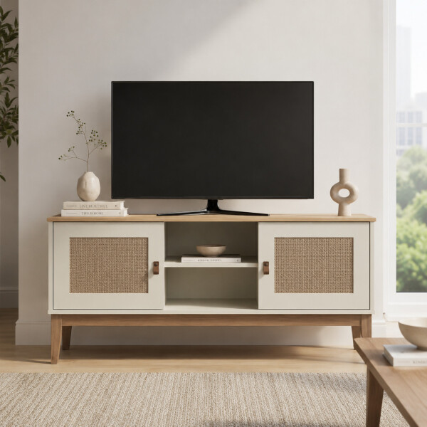 Rack ComboHome Tv 50'' Rattan 2 Puertas 1 Estante Nórdico Blanco 1