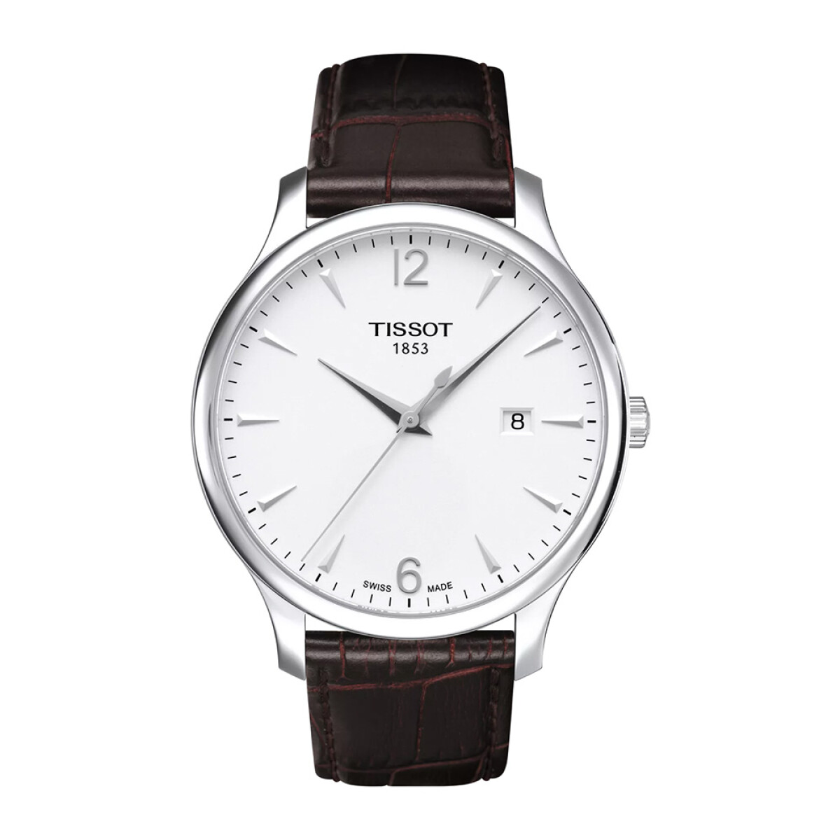 Reloj Tissot Tradition con esfera blanca y correa de cuero marrón 