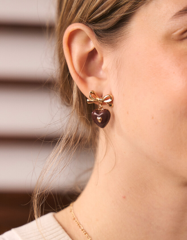 Aros Colgantes Cortos Con corazón Aros Colgantes De Moño Y Corazón - Dorado
