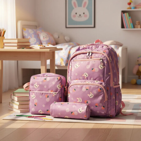 Set Mochila 3 Piezas Diseño Frutillitas Escolar Resistente Lila