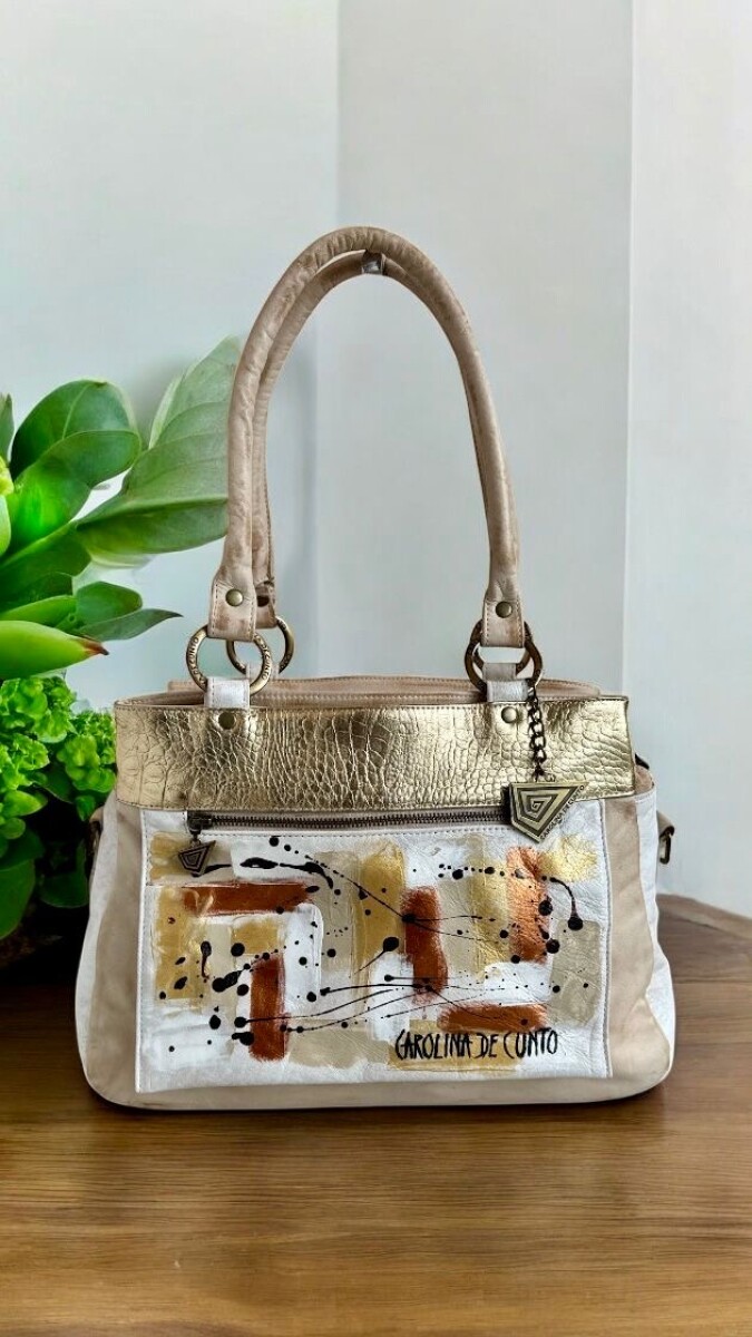 Cartera De Cuero Modelo VITALIA Con Arte Pintado A Mano - Natu Con Dorado 
