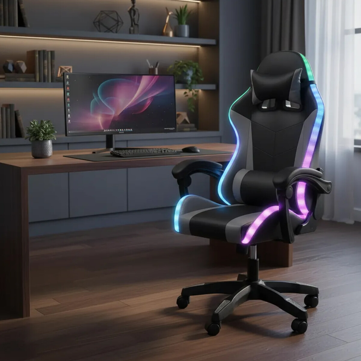 Silla Gamer Con Luces Led Rgb Ergonómica Y Reclinable 120kg - GRIS 
