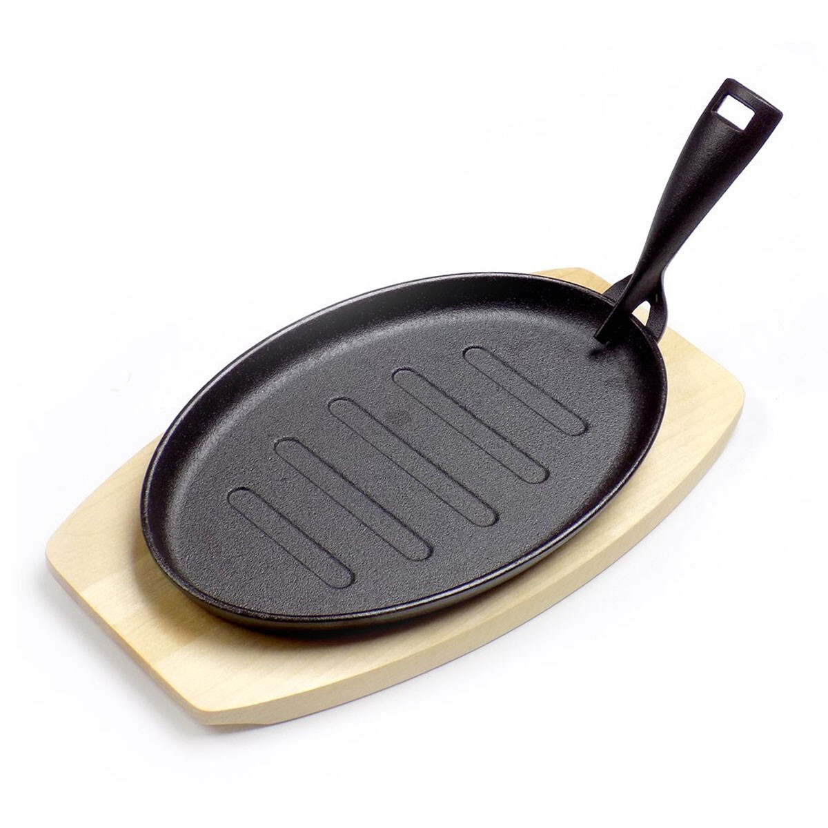 Plancha Grill Oval en Hierro c/Mango Removible y Base Madera - Negro 