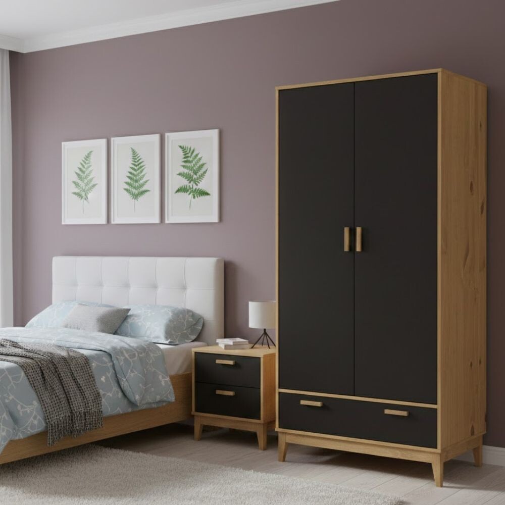 ROPERO 2 PUERTAS 1 CAJON GUARDARROPA ARMARIO CLOSET PLACARD EN MADERA MACIZA NEGRO